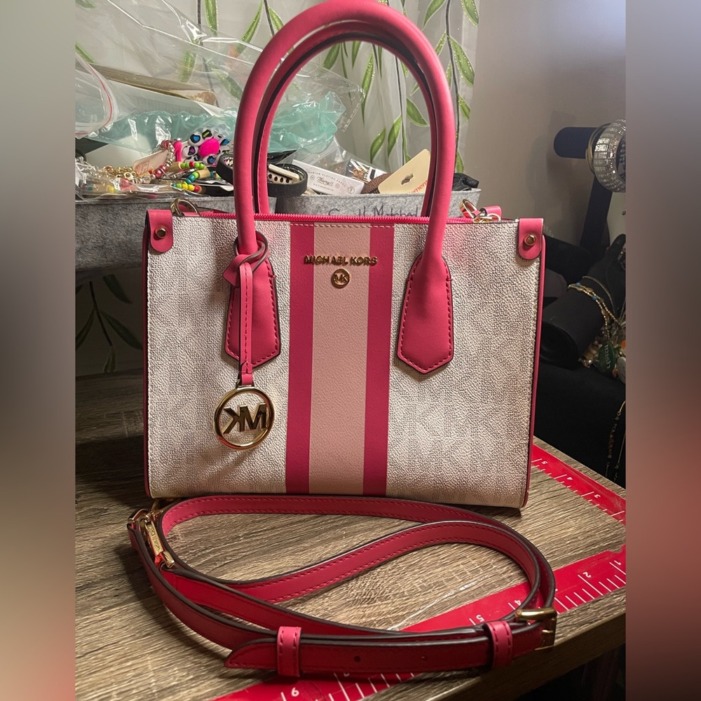 Michael Kors Center Stripe Maple Small Satchel in the "Hibiscus"
